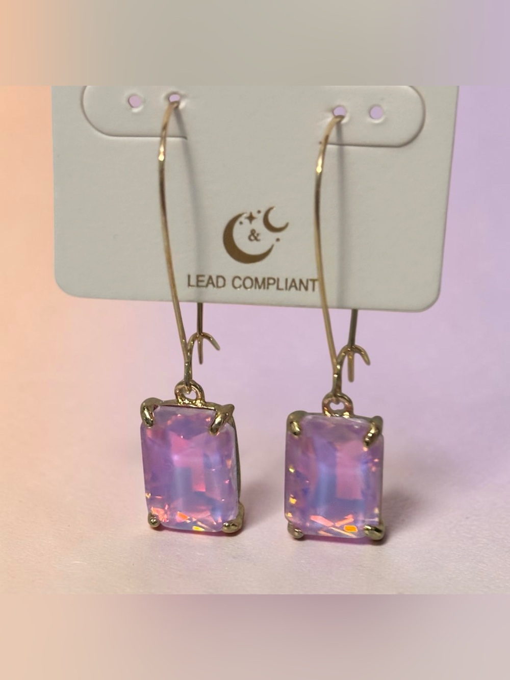 Lilac Rectangle Glass Stone Kidney Wire Gold Earrings